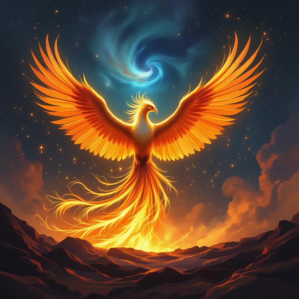 Majestic Phoenix Rises from Molten Gold in Cosmic Nebula