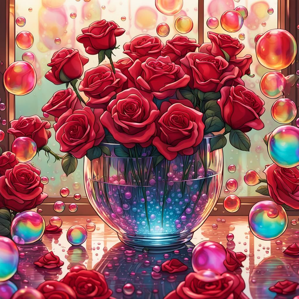 Hyperrealistic Red Roses and Pink Bubbles in Comic Art Style
