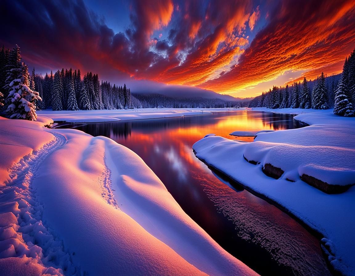 Winter Mountain River Valley at Sunset