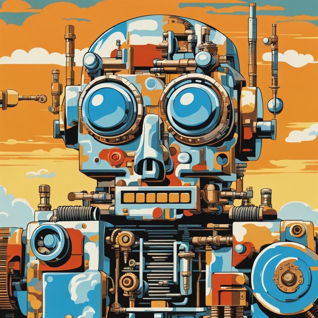 Cyborg Robot in Industrial Landscape, Pop Art Style