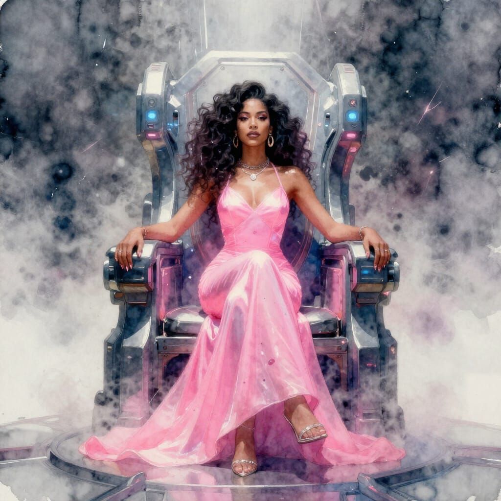 Cyberpunk Brazilian Queen on Futuristic Throne Watercolor