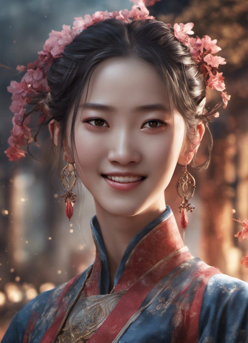 Smiling Korean Girl Portrait in Detailed Matte Painting