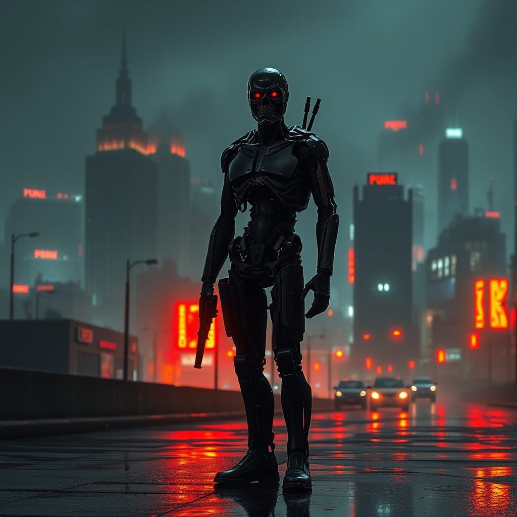 Cyborg Assassin in Dystopian Cityscape at Night