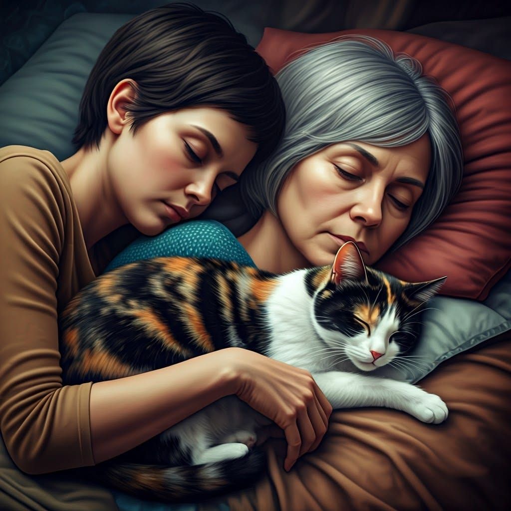 Mother and Daughter with Serene Calico Cat in Whimsical Fant...