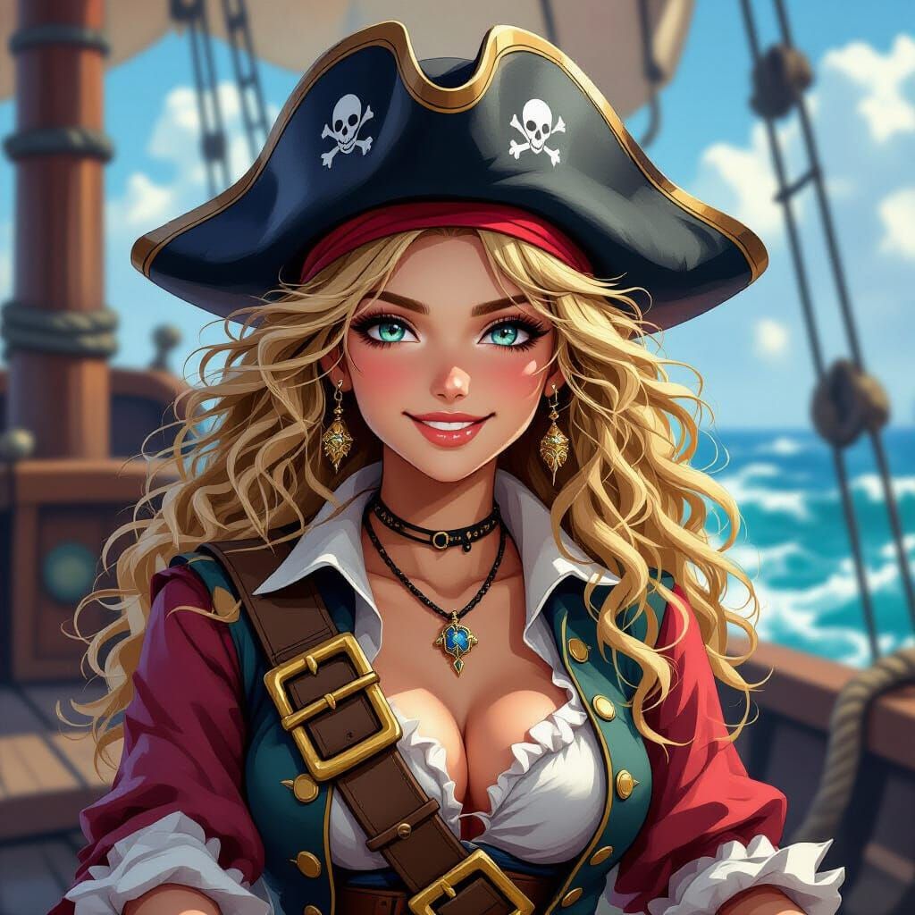 Proud Female Pirate on Ship in Hyper-Realistic Anime Style
