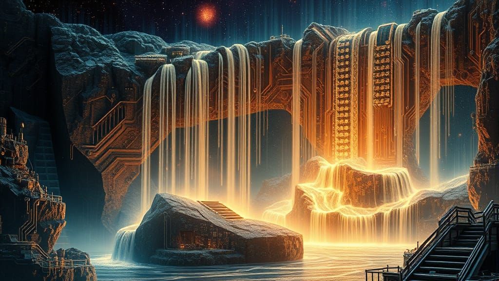 Cyberpunk Cosmic Waterfall in Circuit Diagram Style