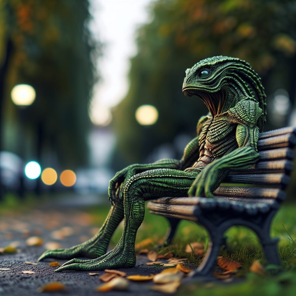 Creature from the Swamp on Park Bench in Hyperrealism