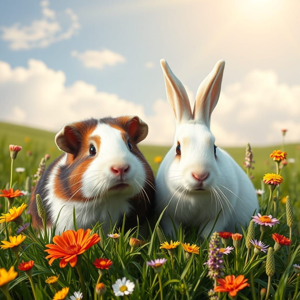 Friendly Guinea Pig and White Rabbit in a Lush Green Meadow