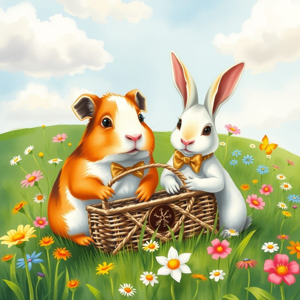 Whimsical Friends Enjoy Picnic in Enchanted Meadow