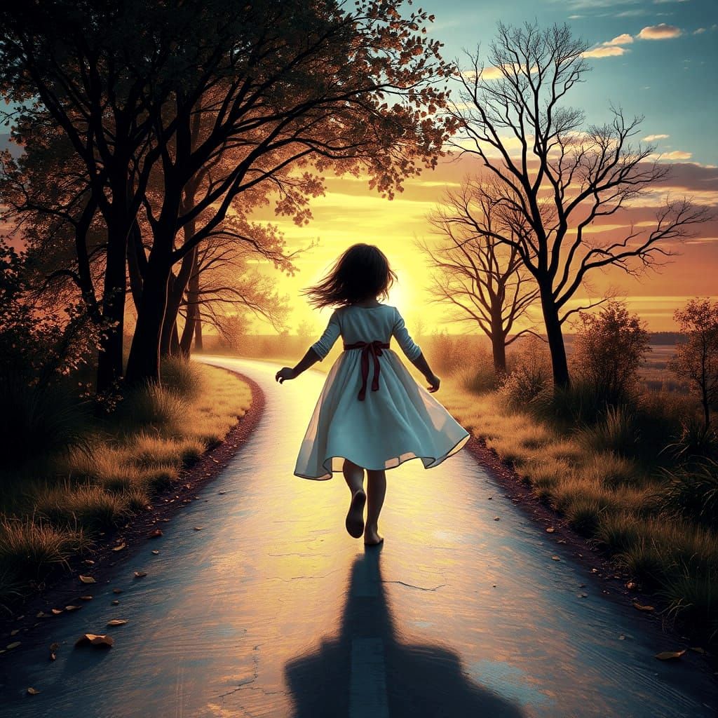 Ethereal Impressionistic Sunset: Girl's Joyful Journey