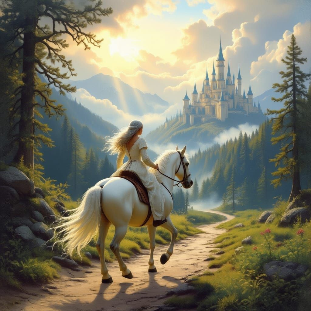 Old Woman Rides White Horse Up Mountain Path to Castle