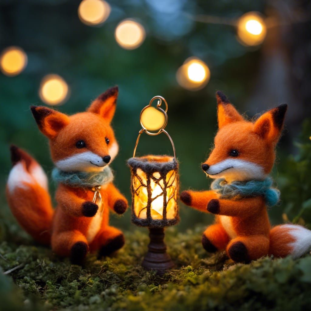Fox Garden Party with Lanterns in Needle Felted Style