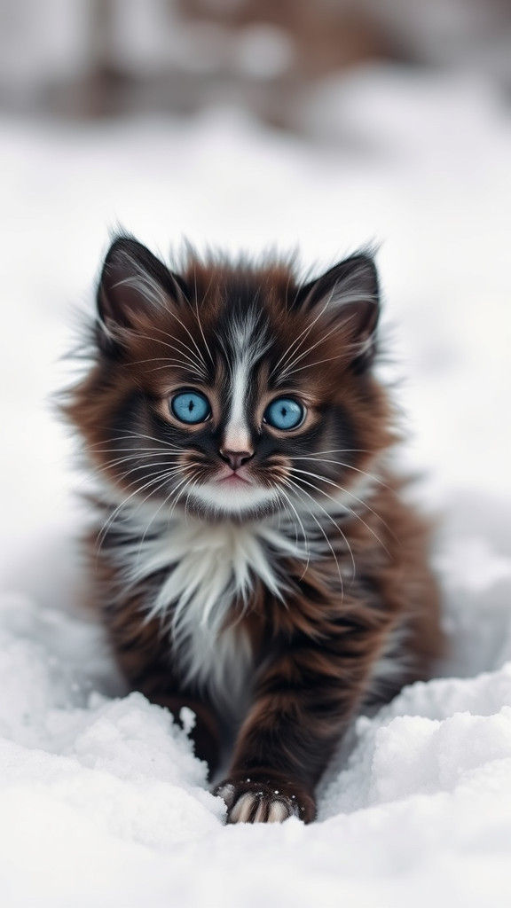 Fluffy Kitten with Blue Eyes in Snow