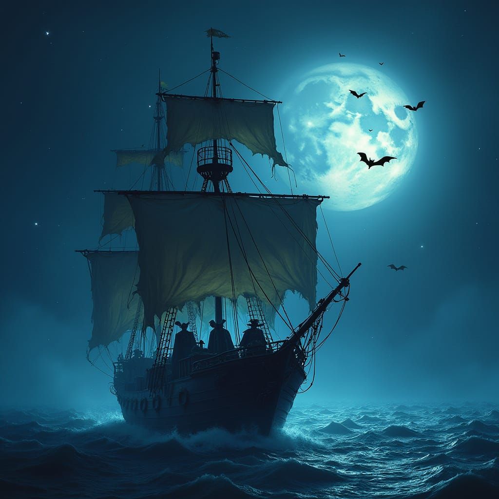 Vampire Pirate Ship Sailing a Starry Indigo Ocean