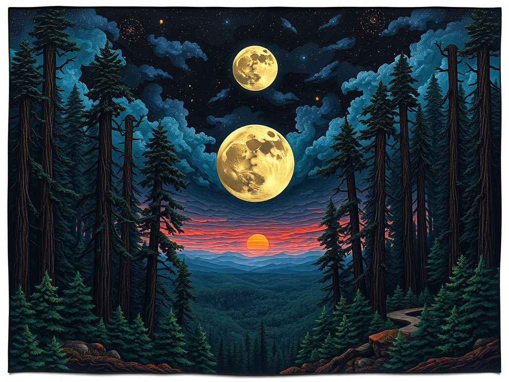 Moon's Descent: Cosmic Redwood Vista in Digital Art
