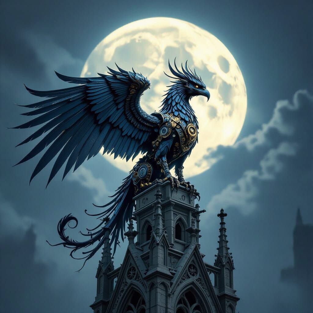 Clockwork Griffin on Gothic Spire in Moonlight