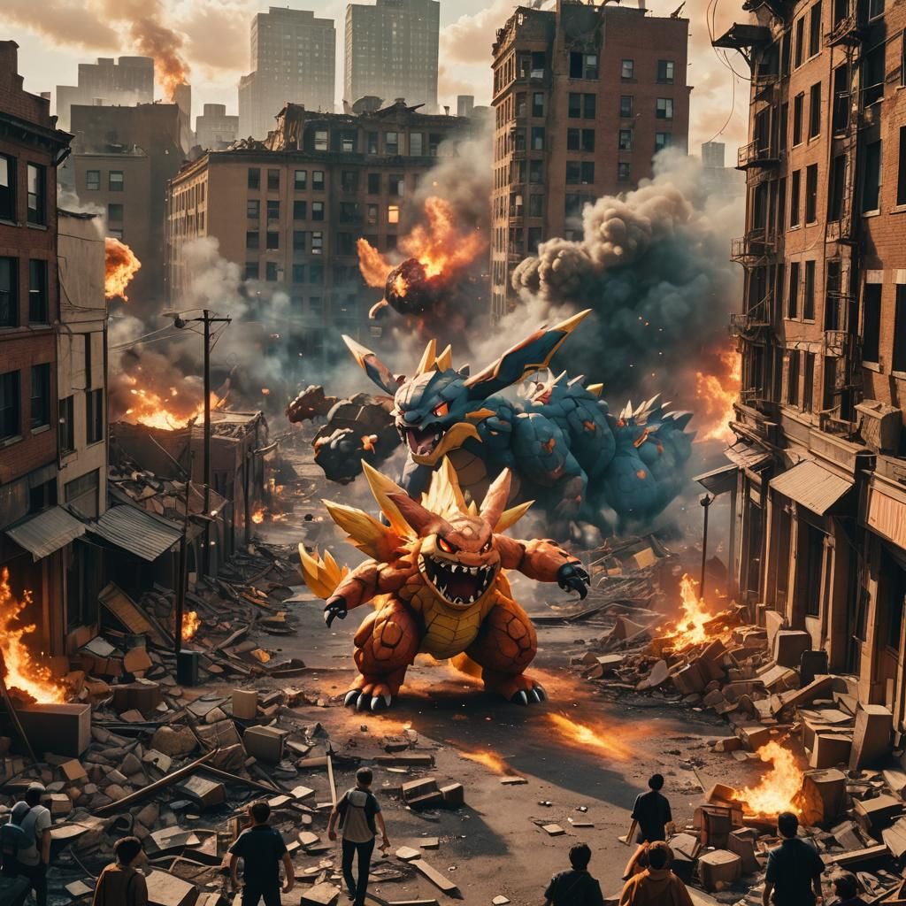 Mega Pokémon Battles in Ruined City: Cinematic Film Still