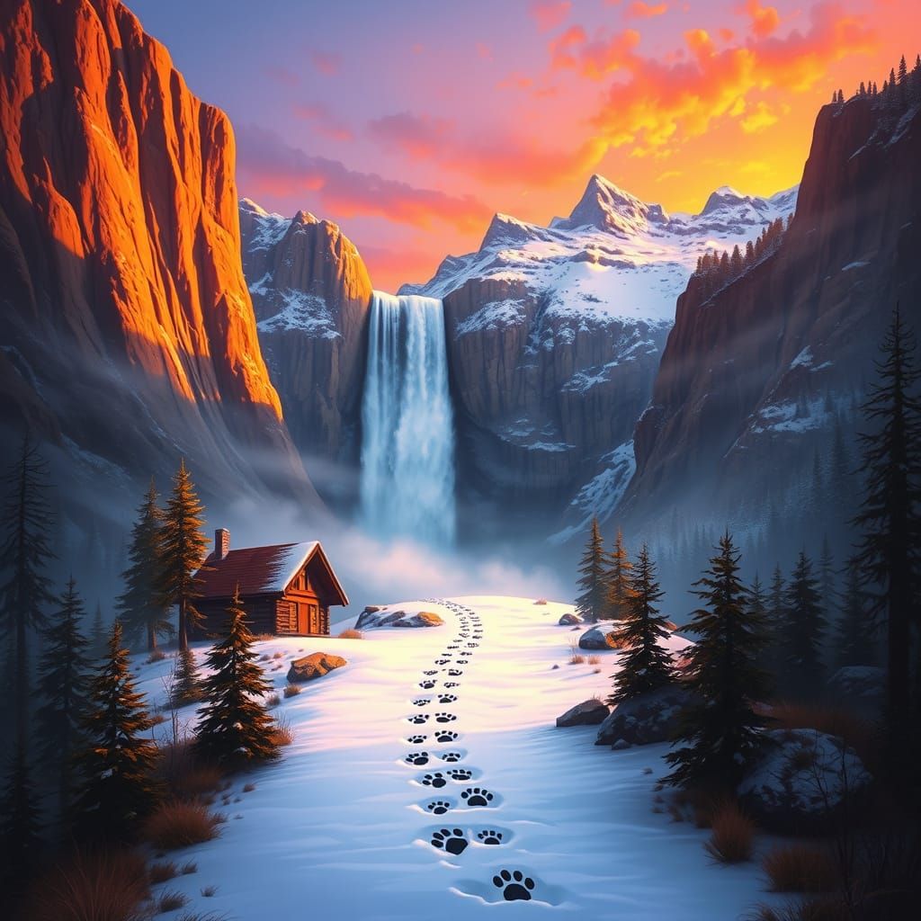 Majestic Mountain Landscape with Waterfall and Cabin