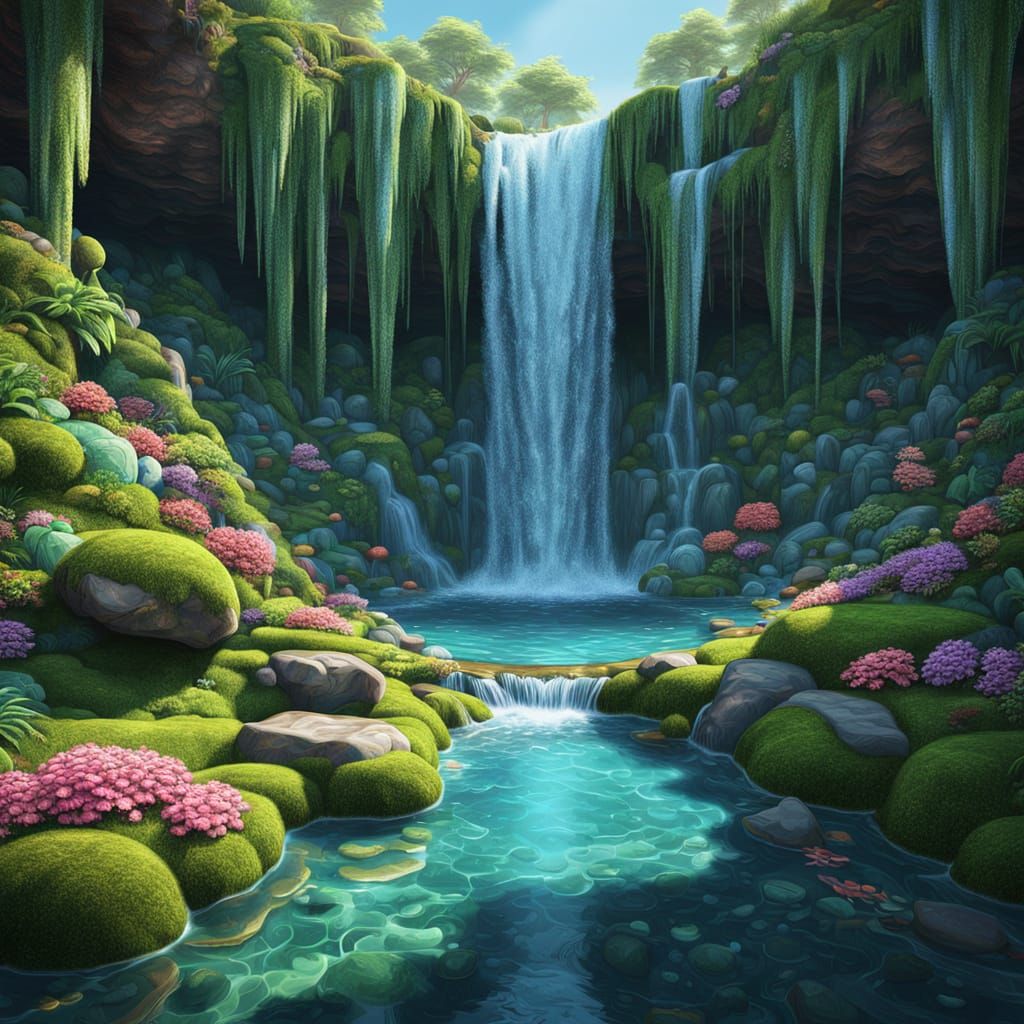 A majestic waterfall cascading down moss-covered rocks into ...