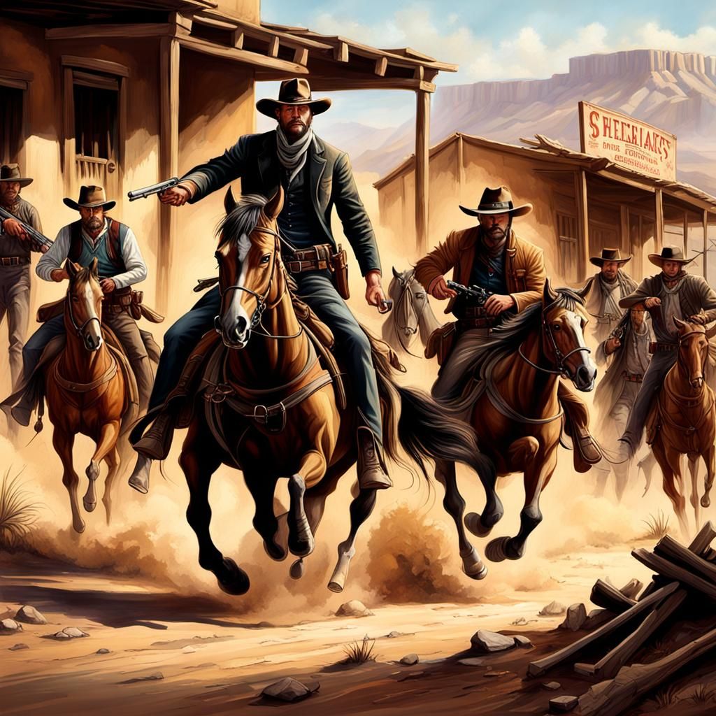 Old West Duel: Hyperrealistic Portrait of Gunmen and Lawmen