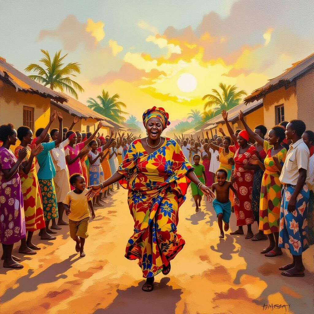 Vibrant African Village Scene with Elderly Woman Reviving