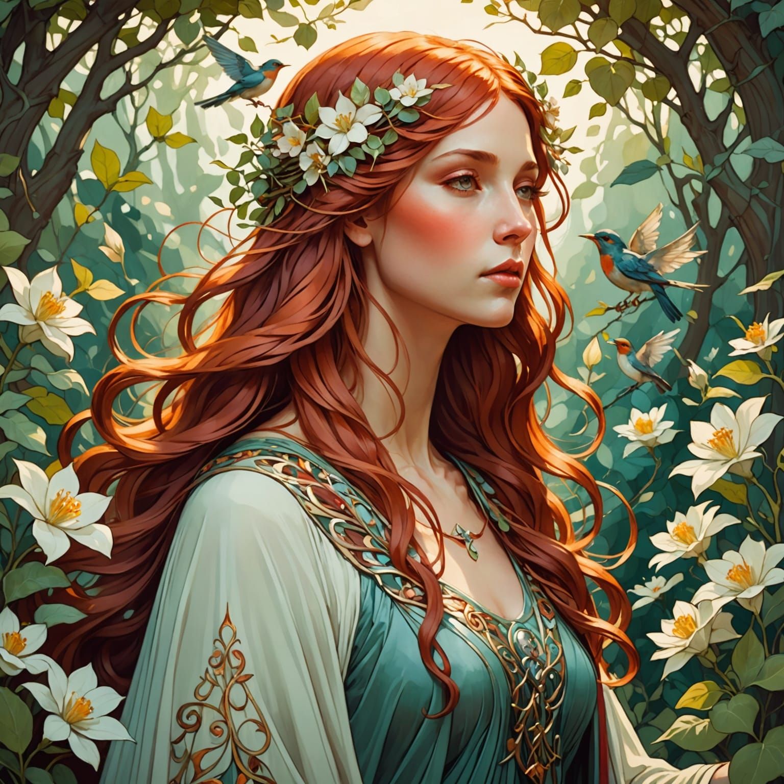 Goddess in Garden: Art Nouveau Digital Painting