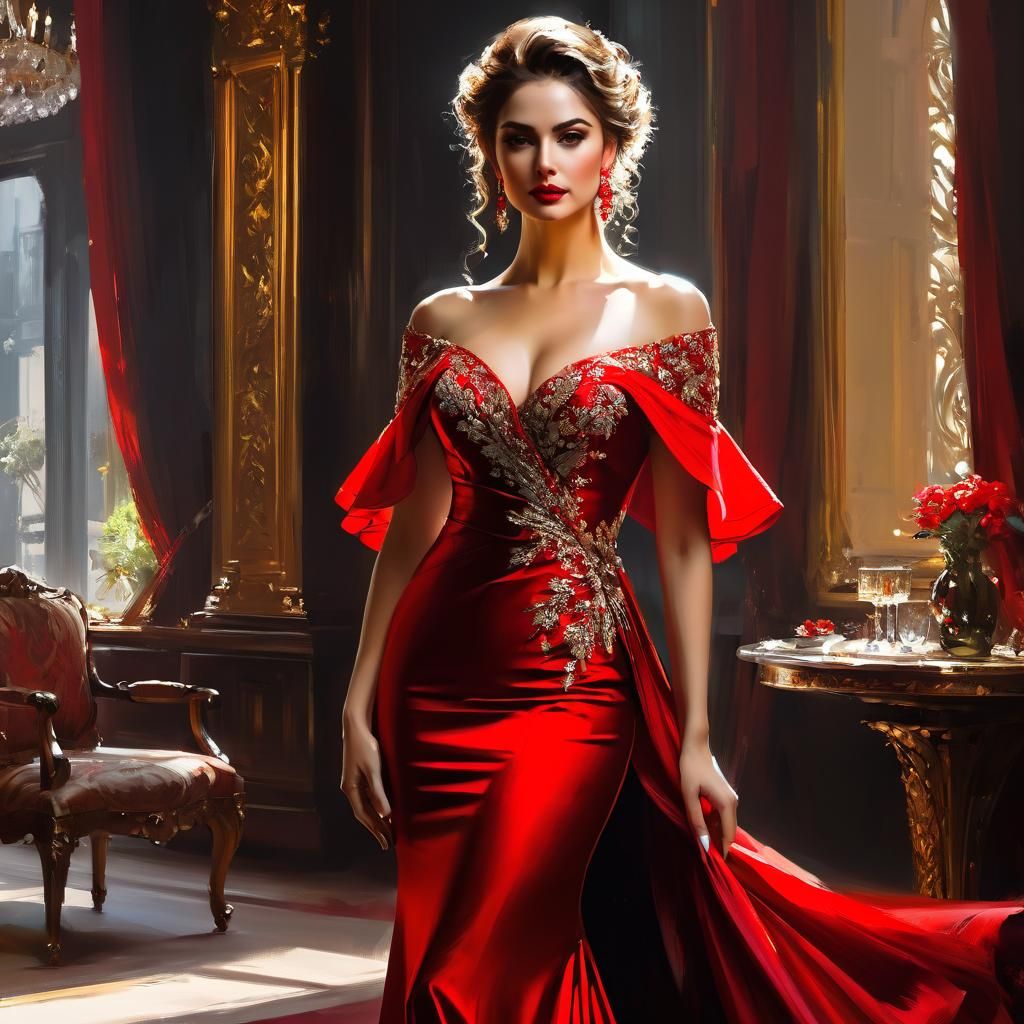 Woman in Red Dress: Digital Art Painting