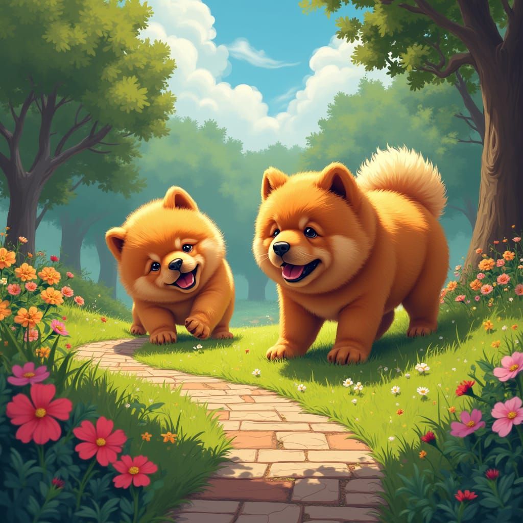 Chow Chow Puppies Play on Flower-Filled Lawn