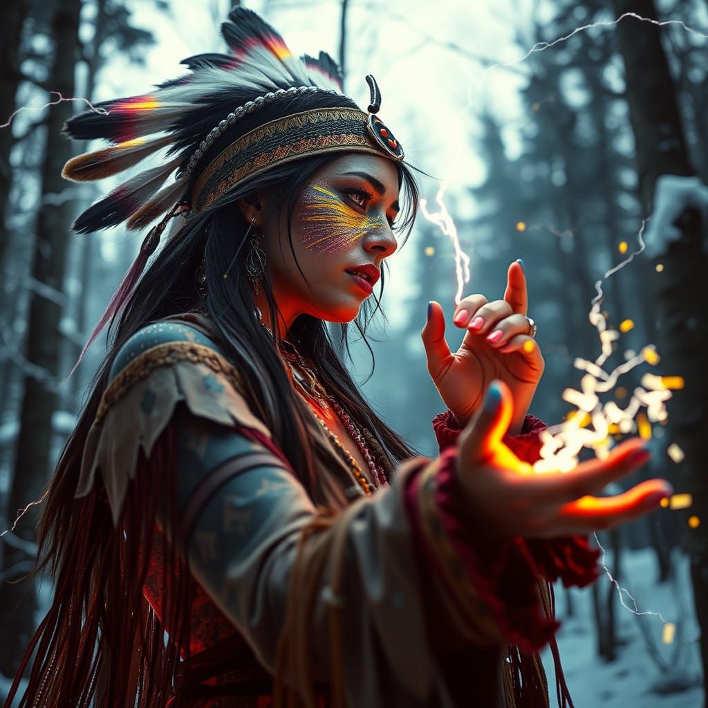 Shaman's Cosmic Conjure in Vibrant, Neon Hues