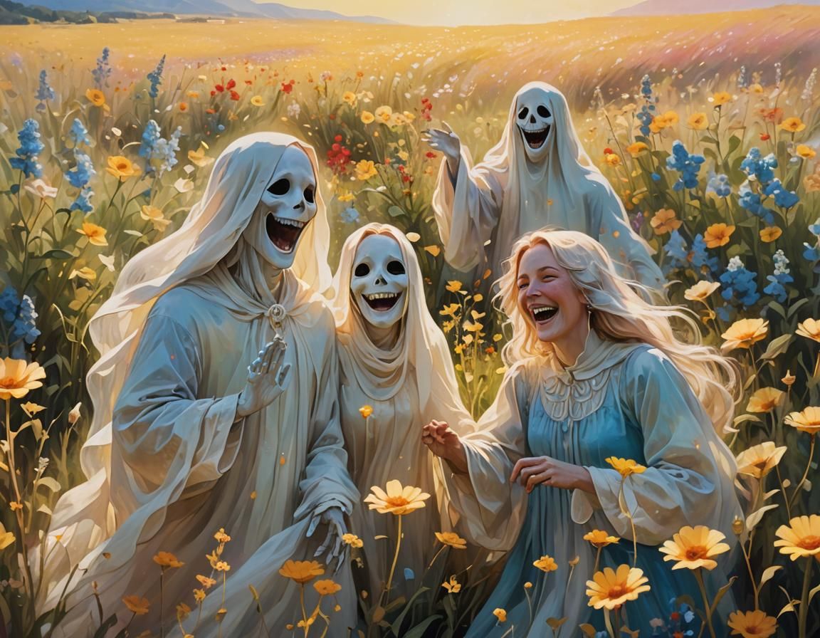 Ghost Couple Laughing in Sunny Flower Field