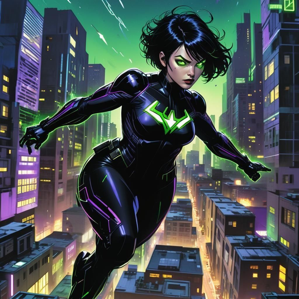 Cybernetic Superheroine Soaring Above Cityscape