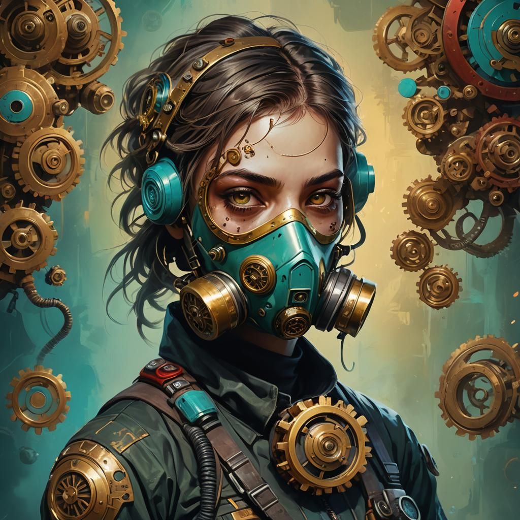 Gas Mask Girl with Mechanical Gears, Concept Art