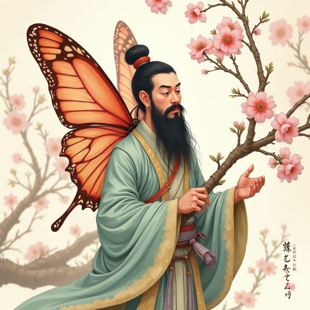 Confucius with Butterfly Wings in Watercolor Style