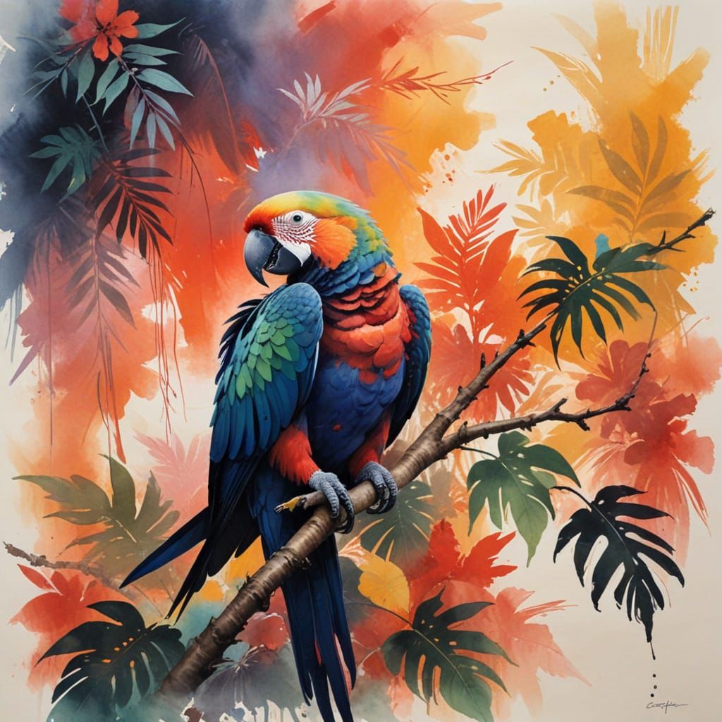Vibrant Parrot in Rainforest Canopy: Ink Wash