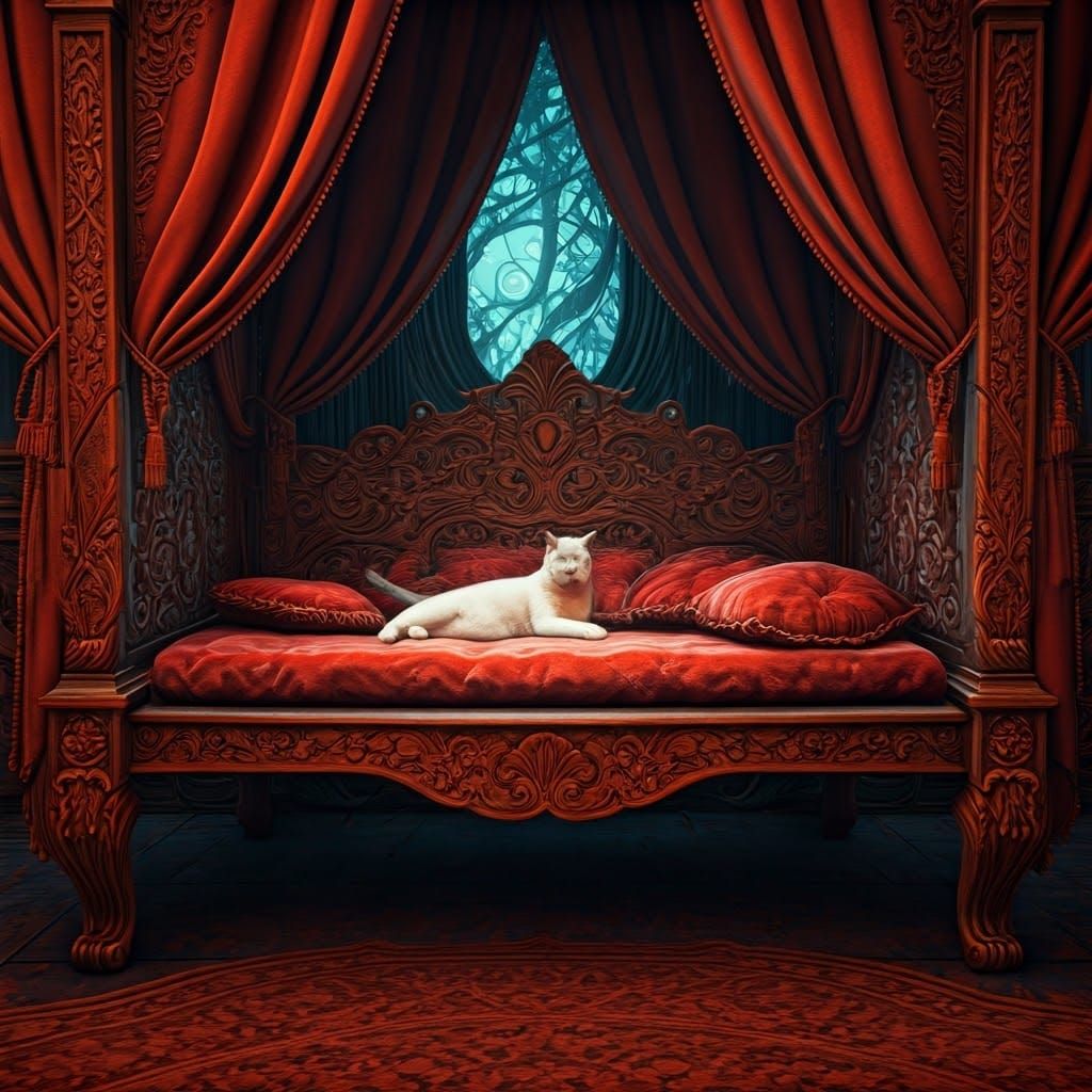 Cat on Velvet Bed in Dreamlike Fantasy Art