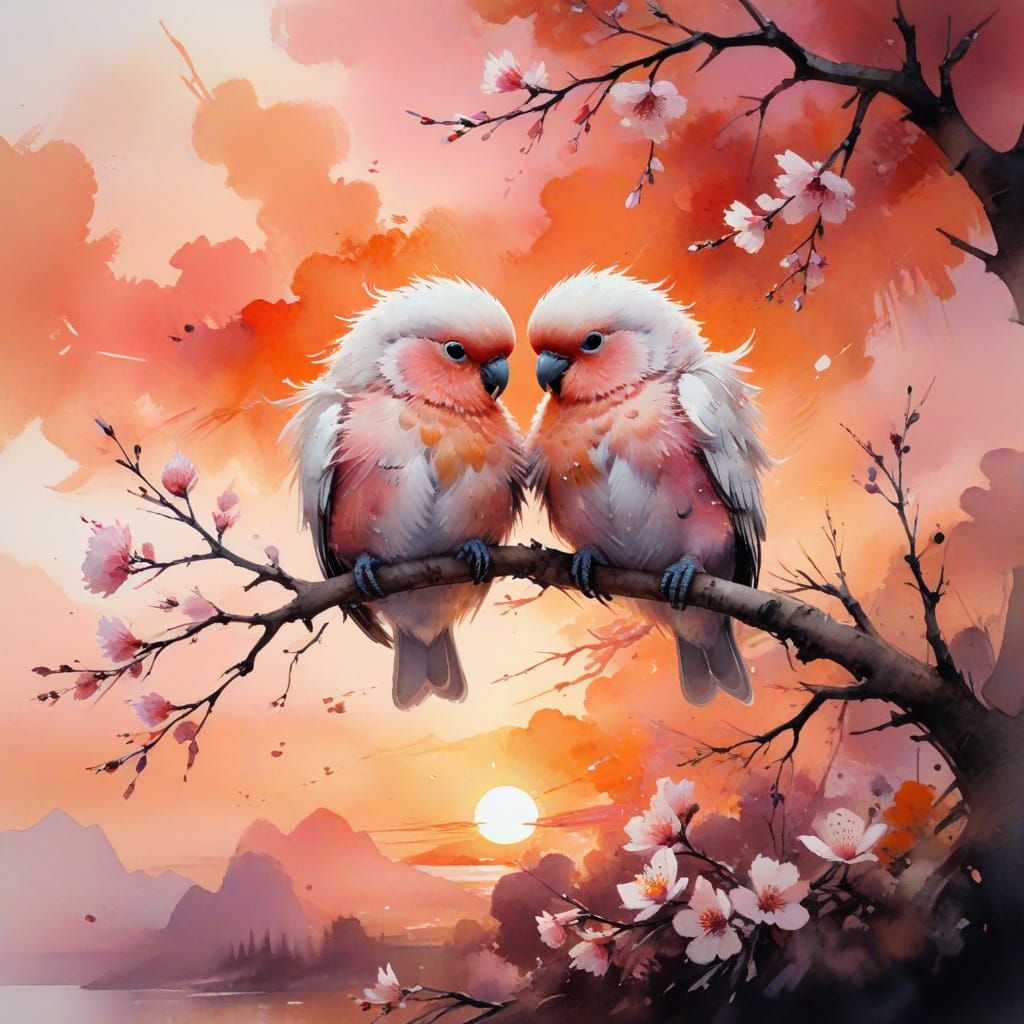 Lovebirds on Branch at Sunset in Watercolor Style