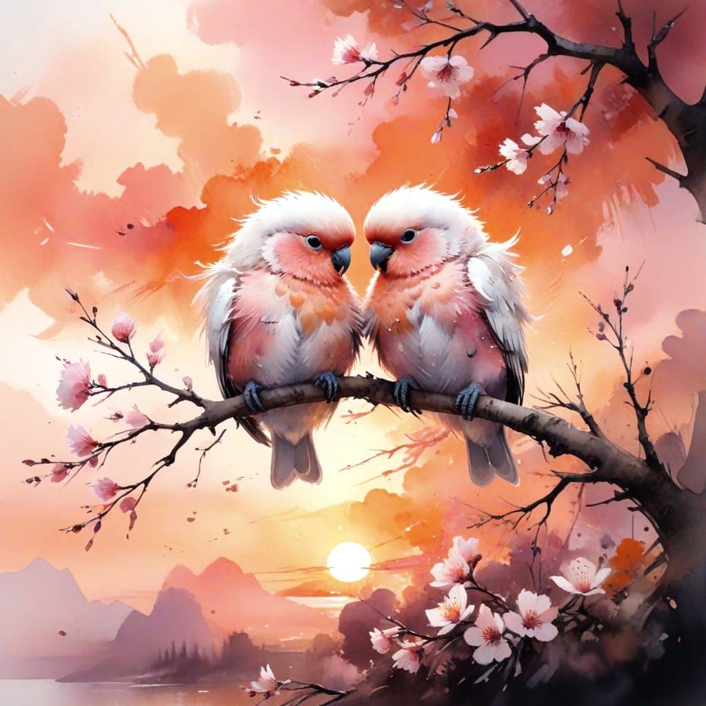 Lovebirds on Branch at Sunset in Watercolor Style