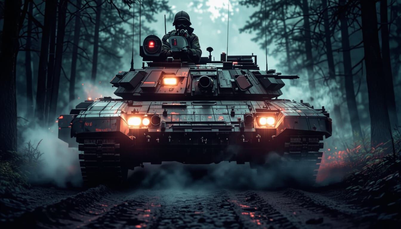 T-90 Tank Emerges from Jungle Darkness with Red Headlights
