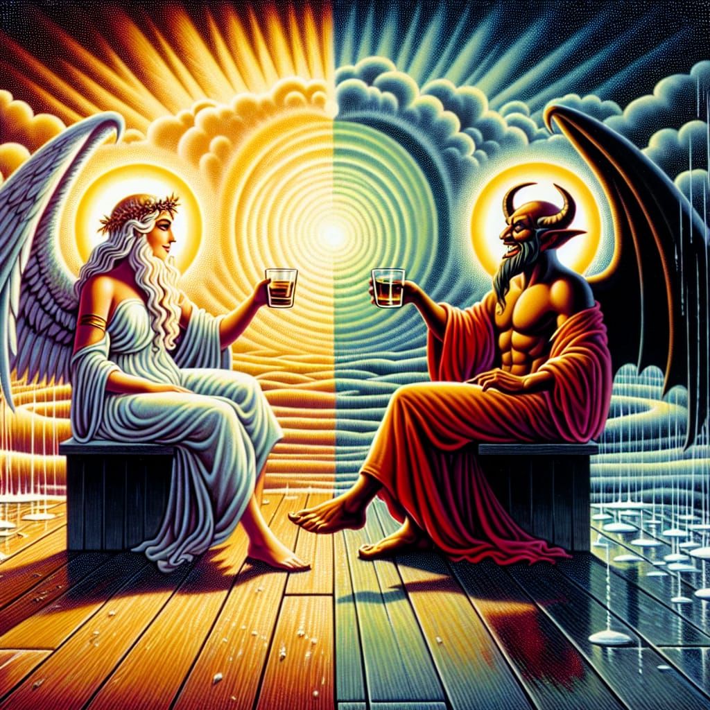 Divine Beings Share Whisky in Rainy Truce