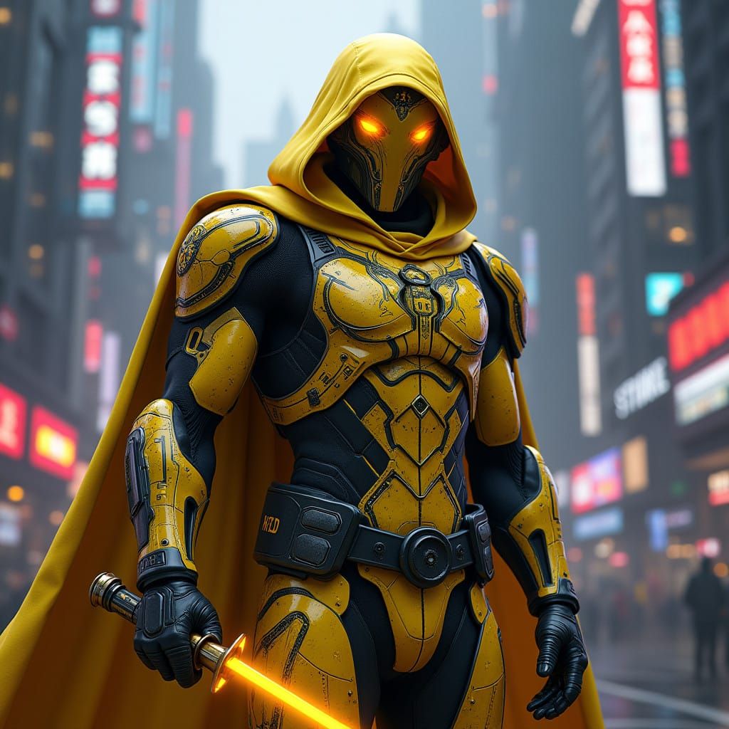 Menacing Warrior in Neon-Lit Future Cityscape