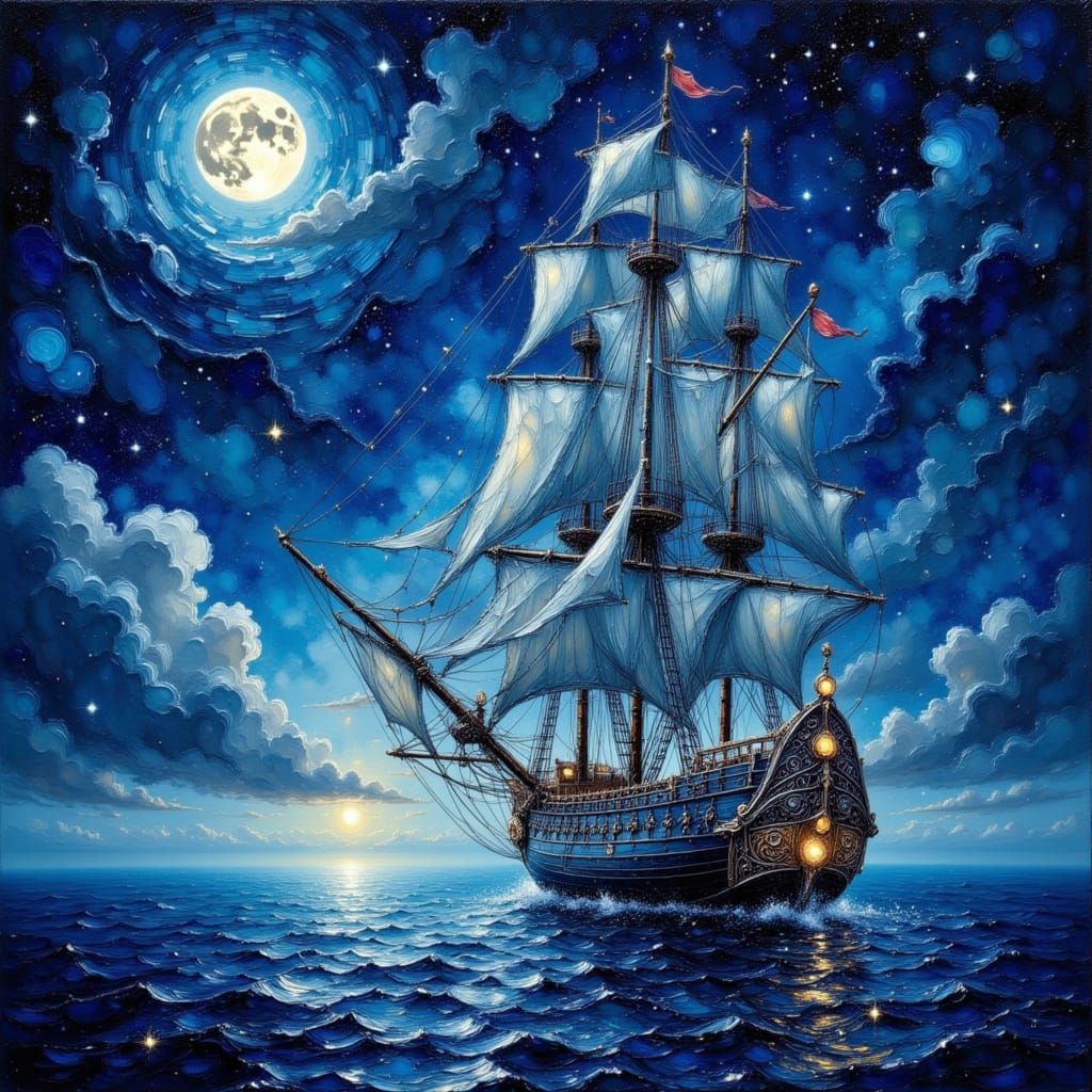 Midnight Ships Sailing in a Shimmering Starry Sky