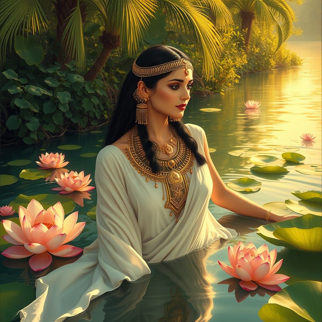 Egyptian Goddess Embracing the Nile in Golden Light