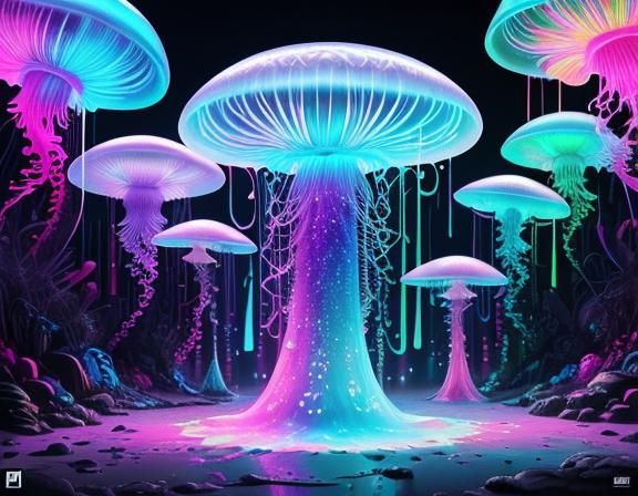 Bioluminescent Jellyfish Mushroom with Desert Monolith