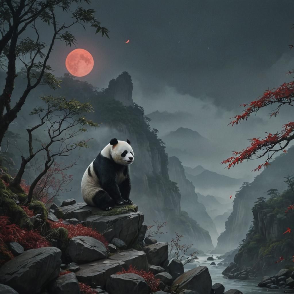 Panda King Overlooks Mountain River in Ukiyo-e Style