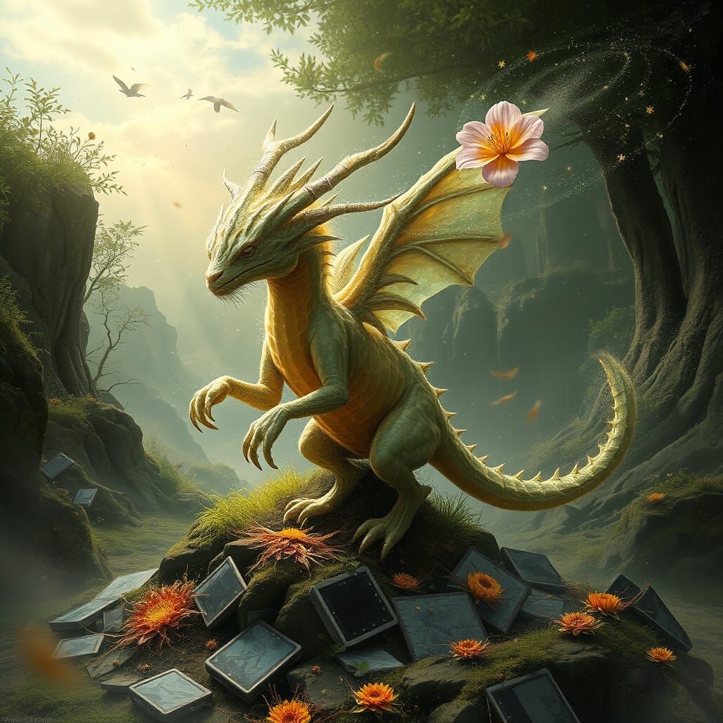 Mythical Geode-Flora Creature Emerges in Dreamlike Landscape