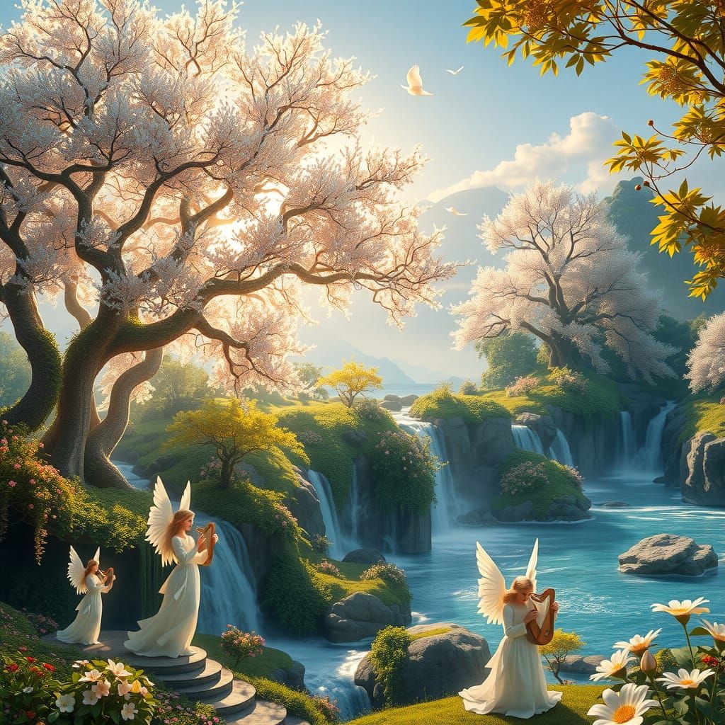 Ethereal Paradise Garden with Angelic Figures and Crystal St...