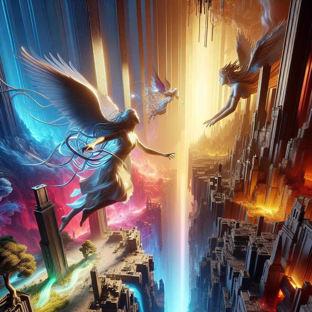 Goddess Rescuing Sister in City Chasm: 8K Concept Art