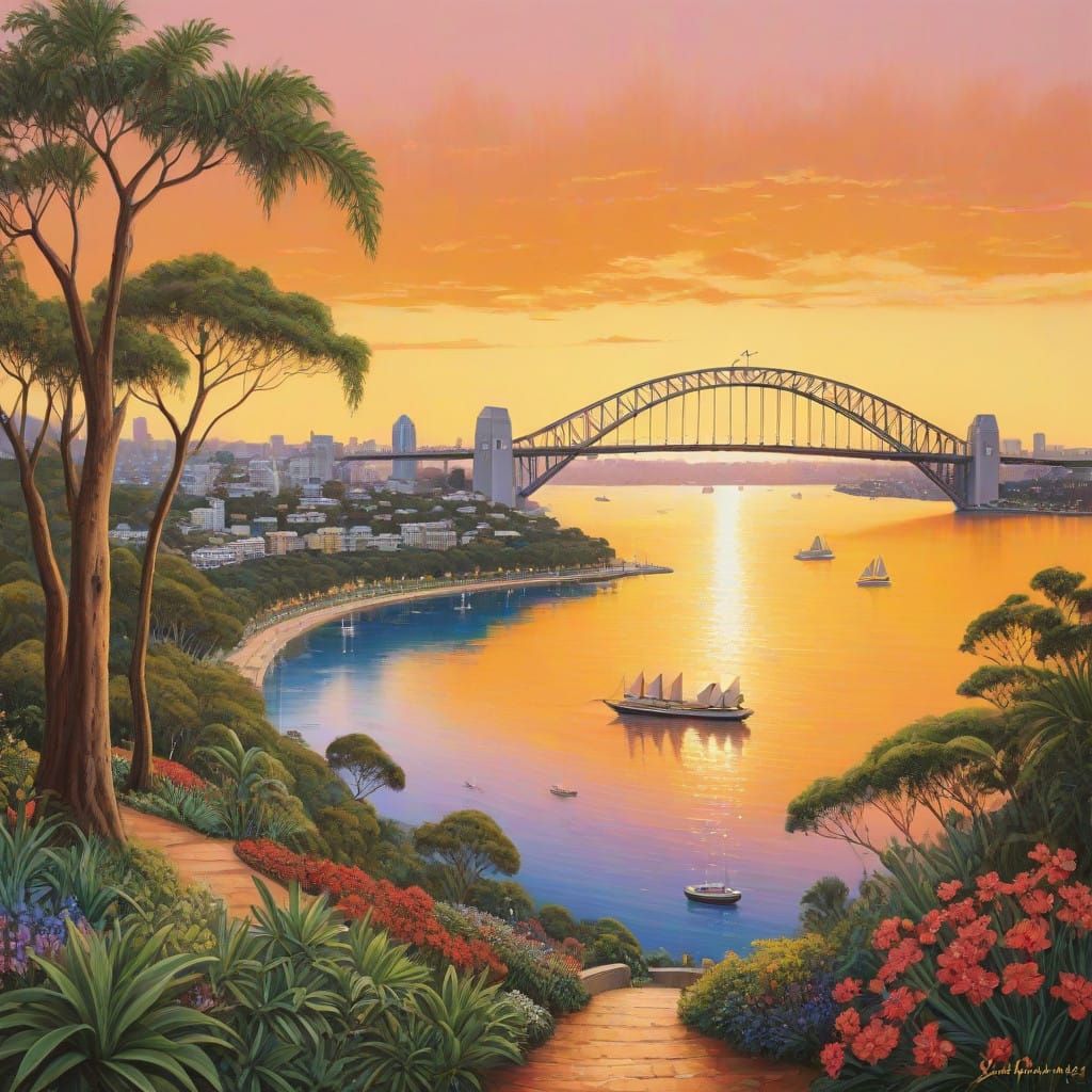 Sydney Harbour at Dusk in Impressionist Style