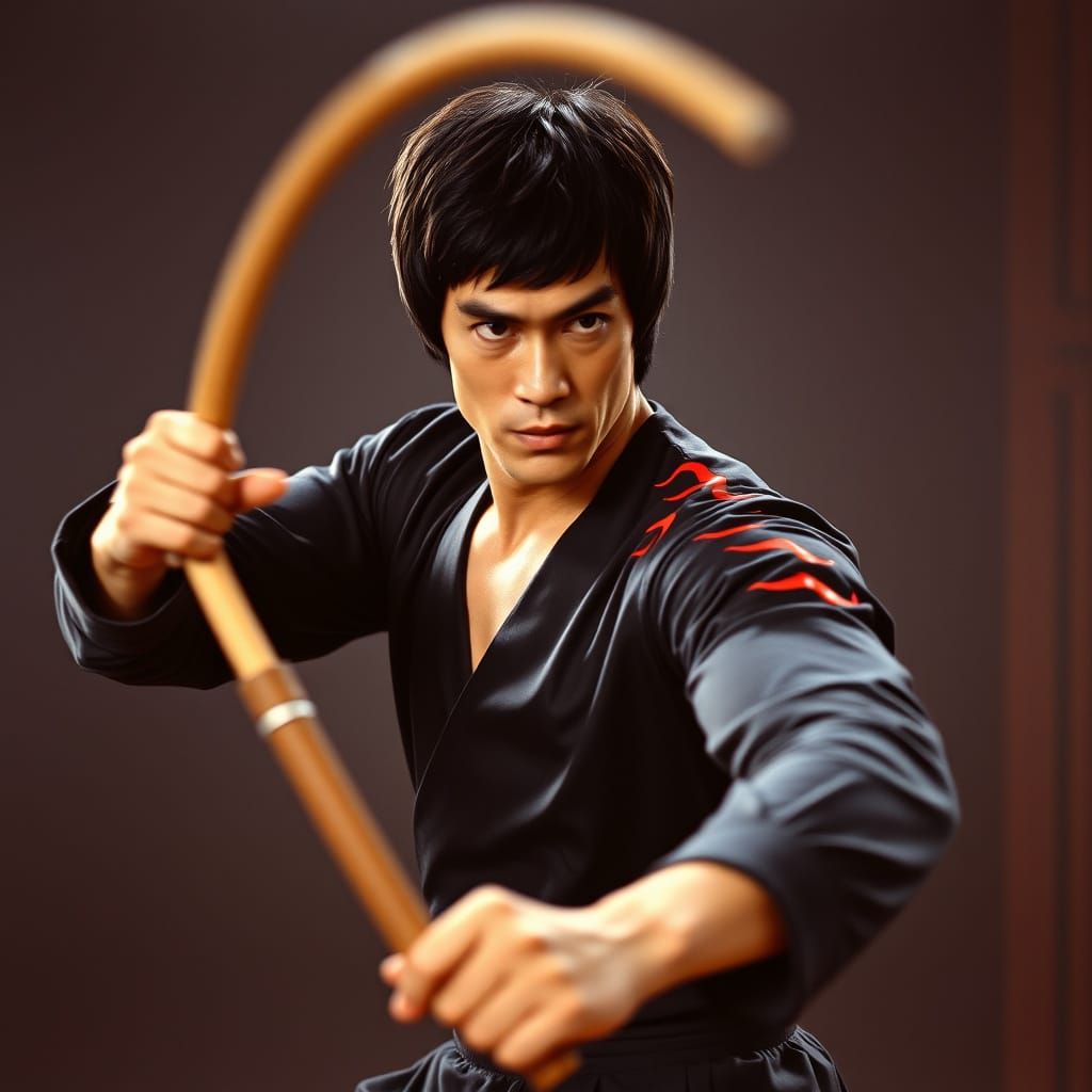 Bruce Lee Spins Nunchucks in Cinematic Martial Arts Style