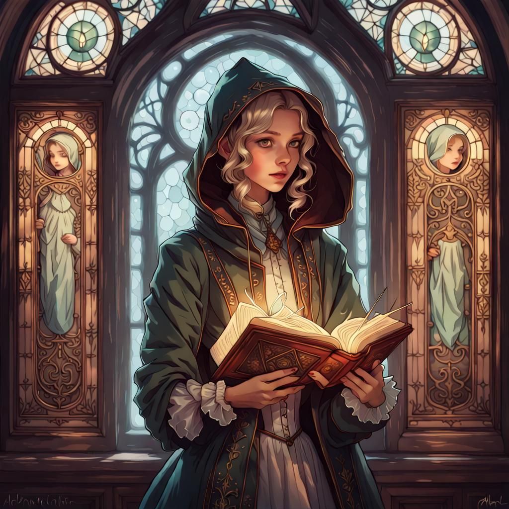 Girl with Grimoire: Victorian Portrait in Gouache Style